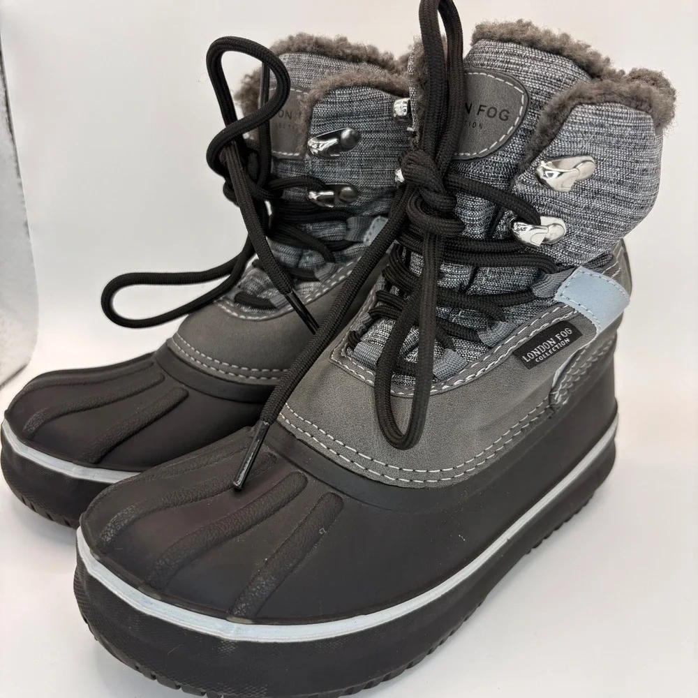 London Fog Croydon Kids Grey Black Faux Fur Lined Duck Winter Boots Size 2